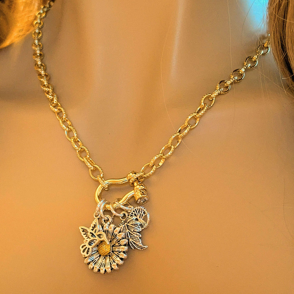 Two Tone Sunflower, Hummingbird Nature Carabiner Necklace, Gold - 20 inch