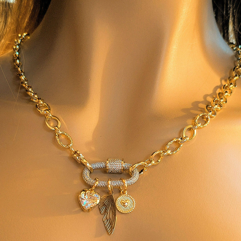 Dragonfly/Fairy Wing, Heart Carabiner Necklace, Gold - 20 inch
