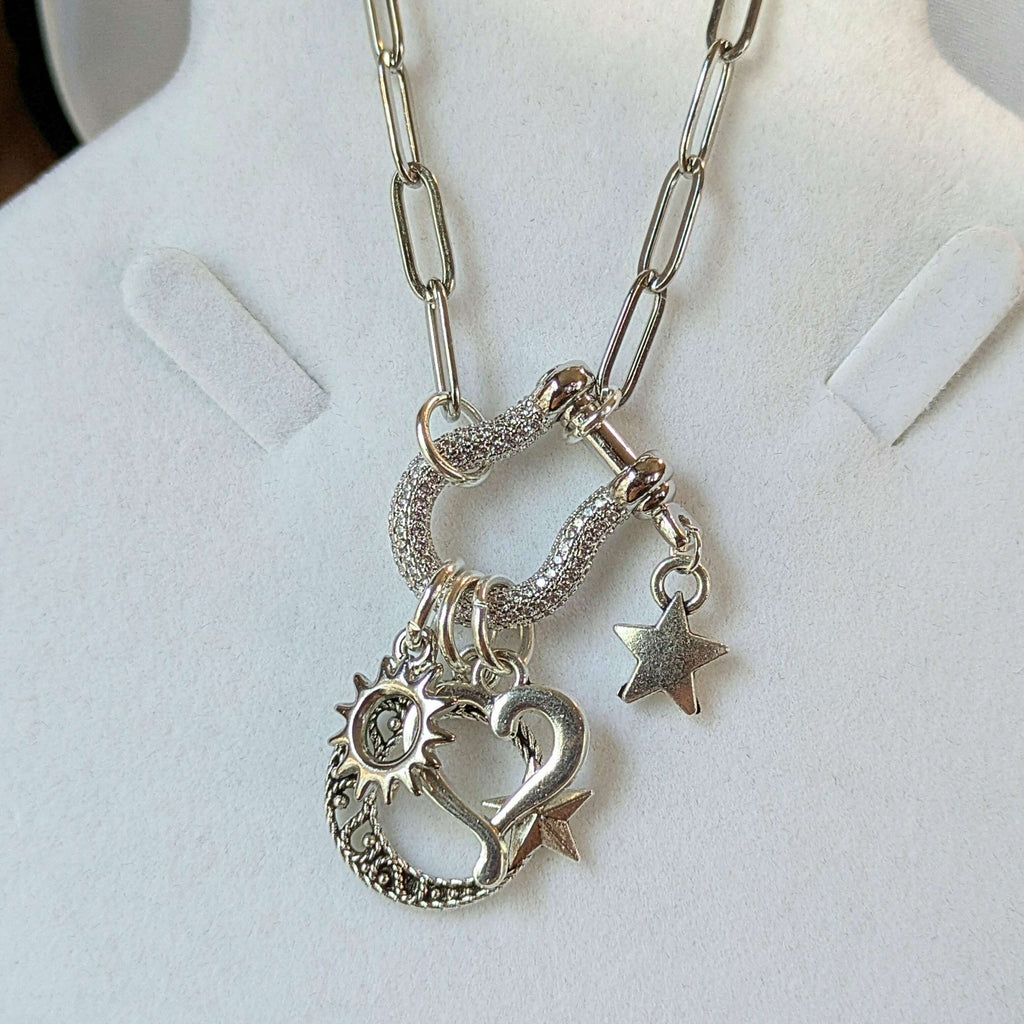 Celestial Crescent Moon and Heart Carabiner Necklace, Silver - 20 inch