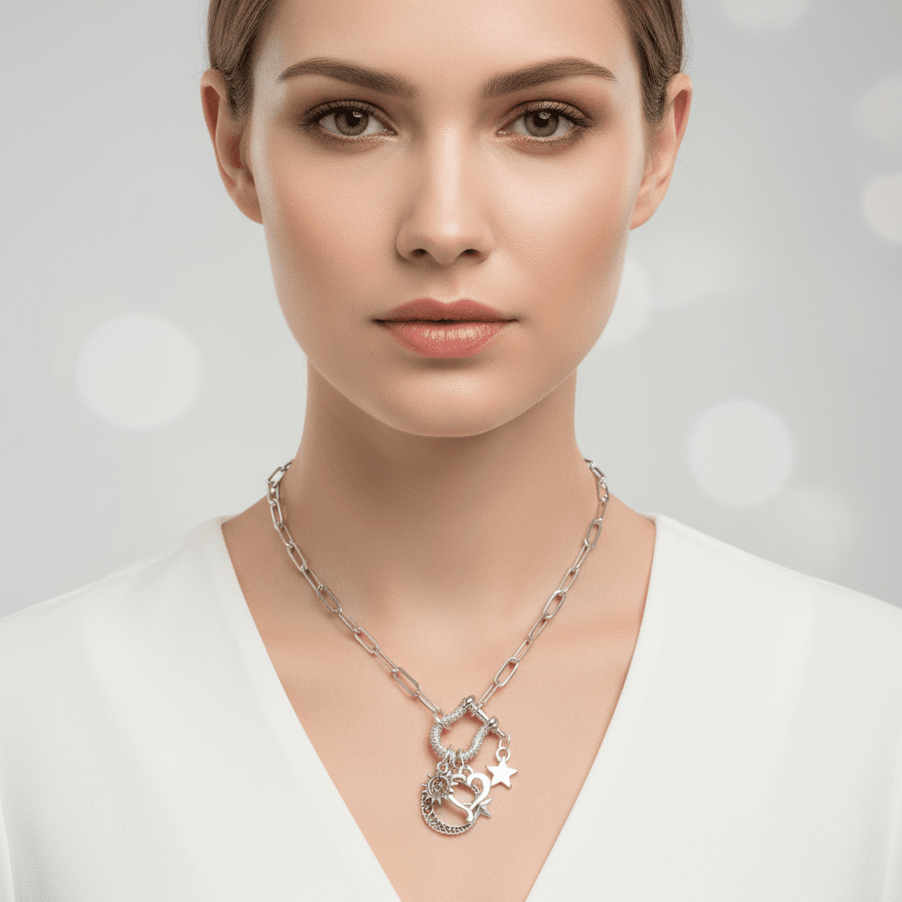 Celestial Crescent Moon and Heart Carabiner Necklace, Silver - 20 inch