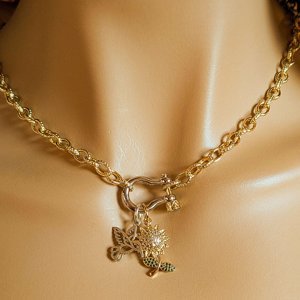 Gold CZ Daisy and Silver Hummingbird Carabiner Necklace, Gold - 20 inch