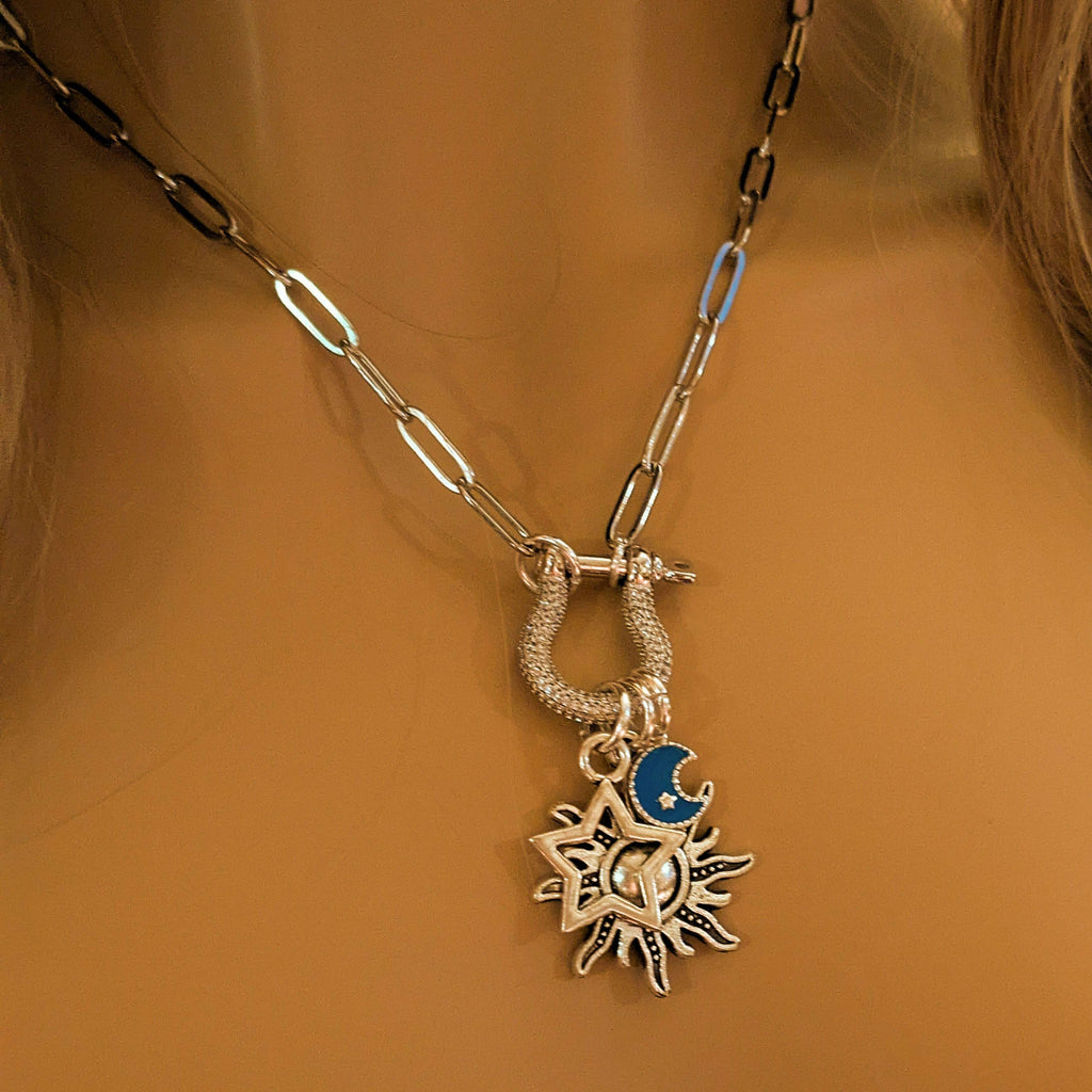 Fiery Sun, Blue Moon and Star Carabiner Necklace, Silver - 20 inch