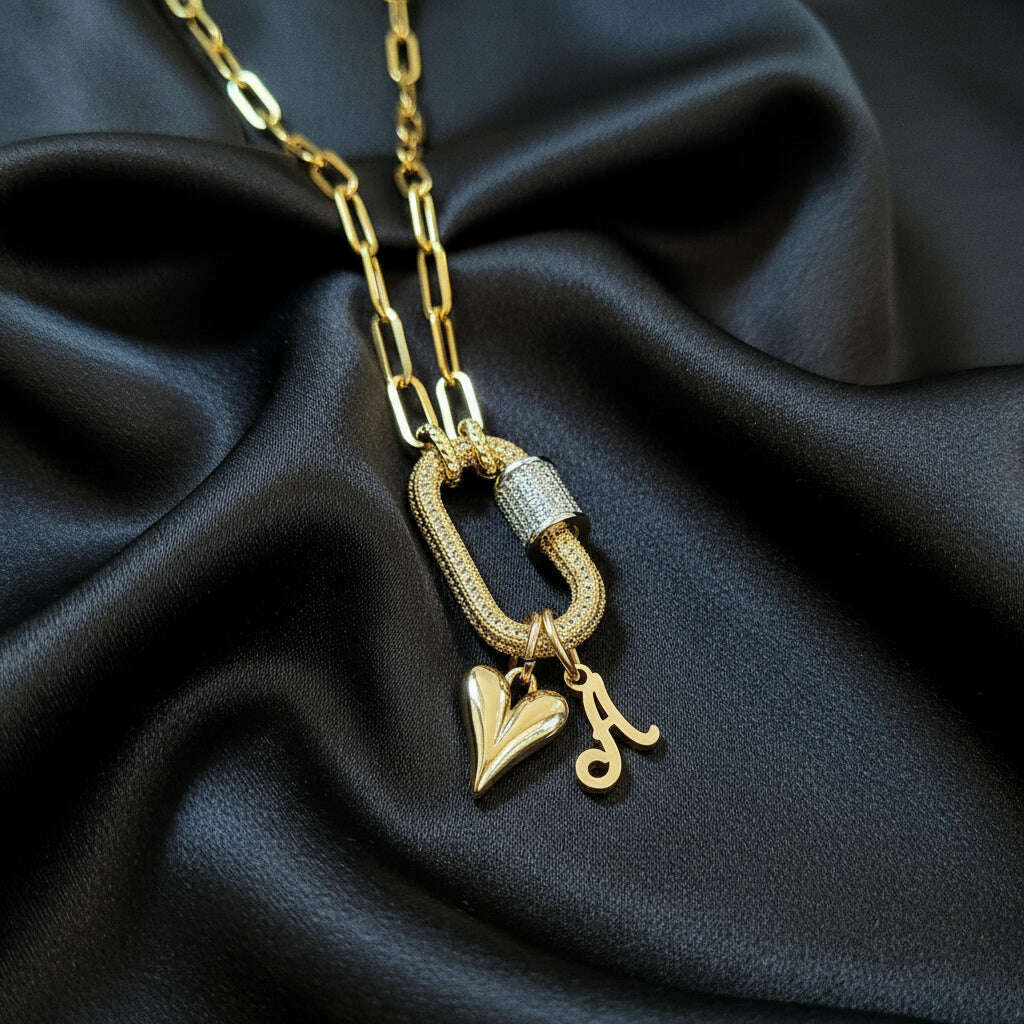 Gold Initial Heart Carabiner Necklace - 20 inch