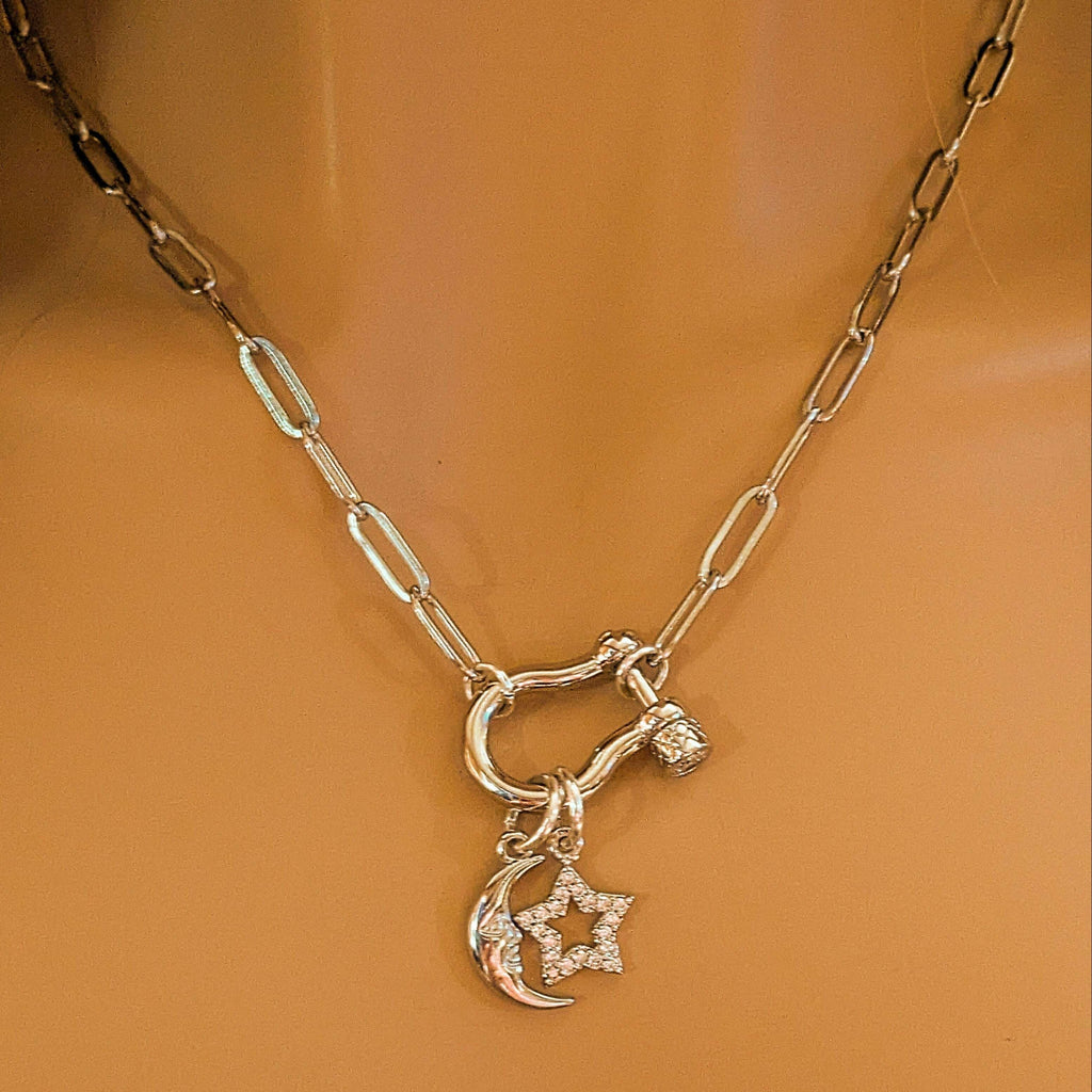 Celestial Moon CZ Star Carabiner Necklace, Silver - 20 inch