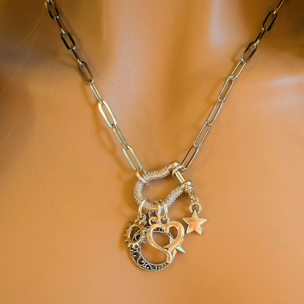 Celestial Crescent Moon and Heart Carabiner Necklace, Silver - 20 inch