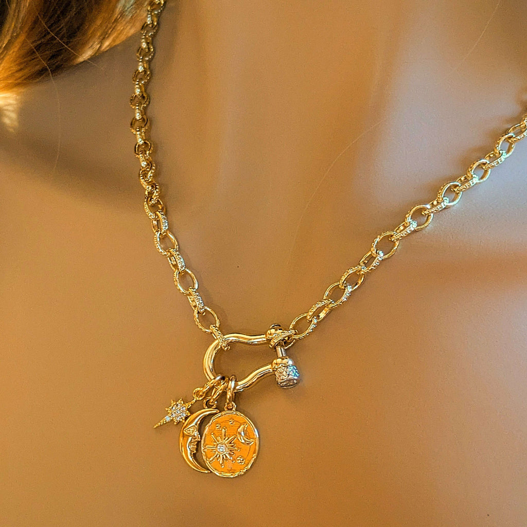 Crescent Moon and Star Carabiner Necklace, Gold - 20 inch