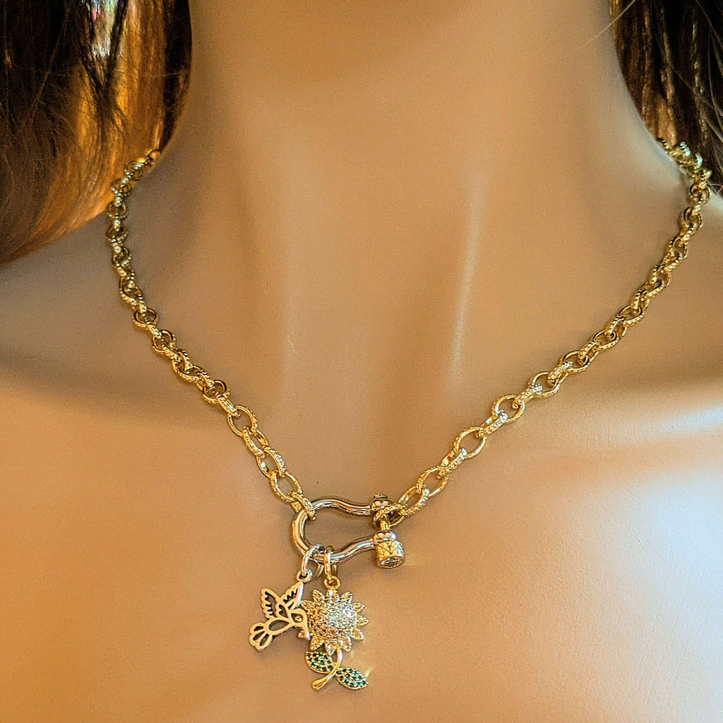 Gold CZ Daisy and Silver Hummingbird Carabiner Necklace, Gold - 20 inch