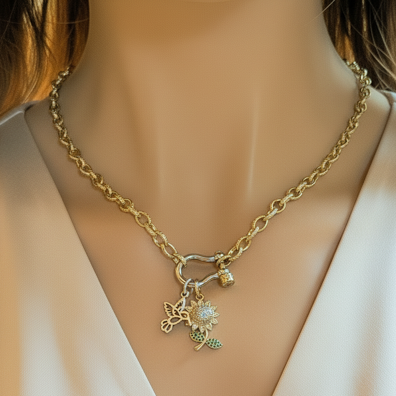 Gold CZ Daisy and Silver Hummingbird Carabiner Necklace, Gold - 20 inch