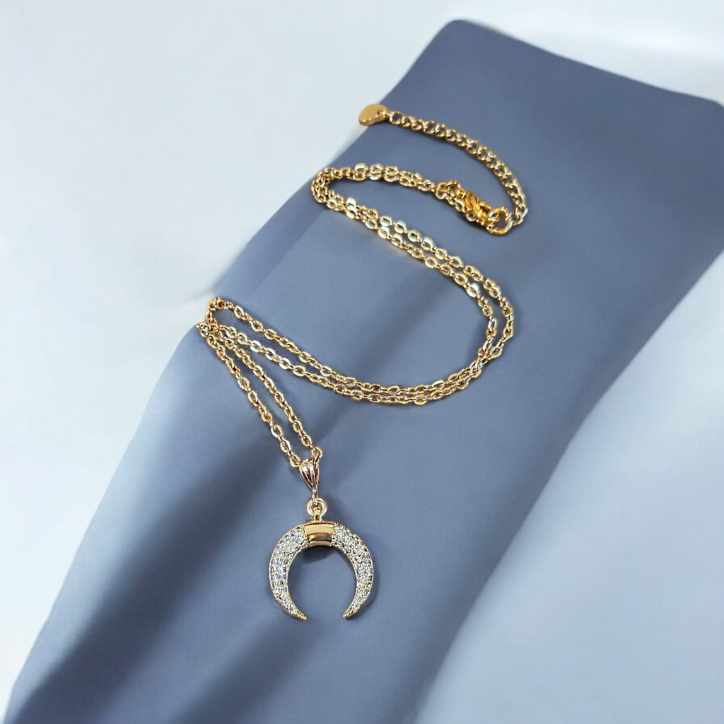 Gold Downward Crescent Moon Necklace, Crescent Horn Necklace