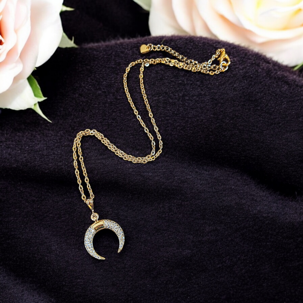 Gold Downward Crescent Moon Necklace, Crescent Horn Necklace