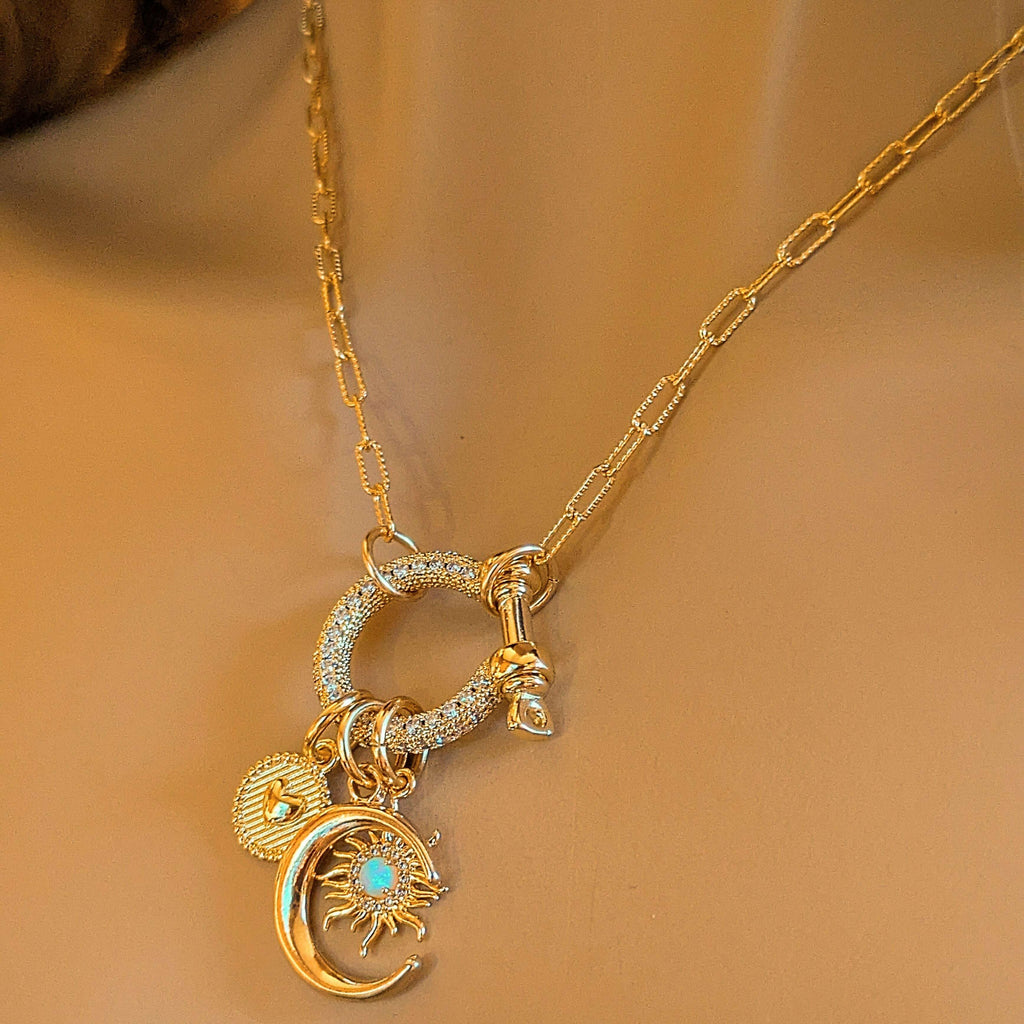 Opal Sun, Crescent Moon and Heart Carabiner Necklace, Gold - 20 inch