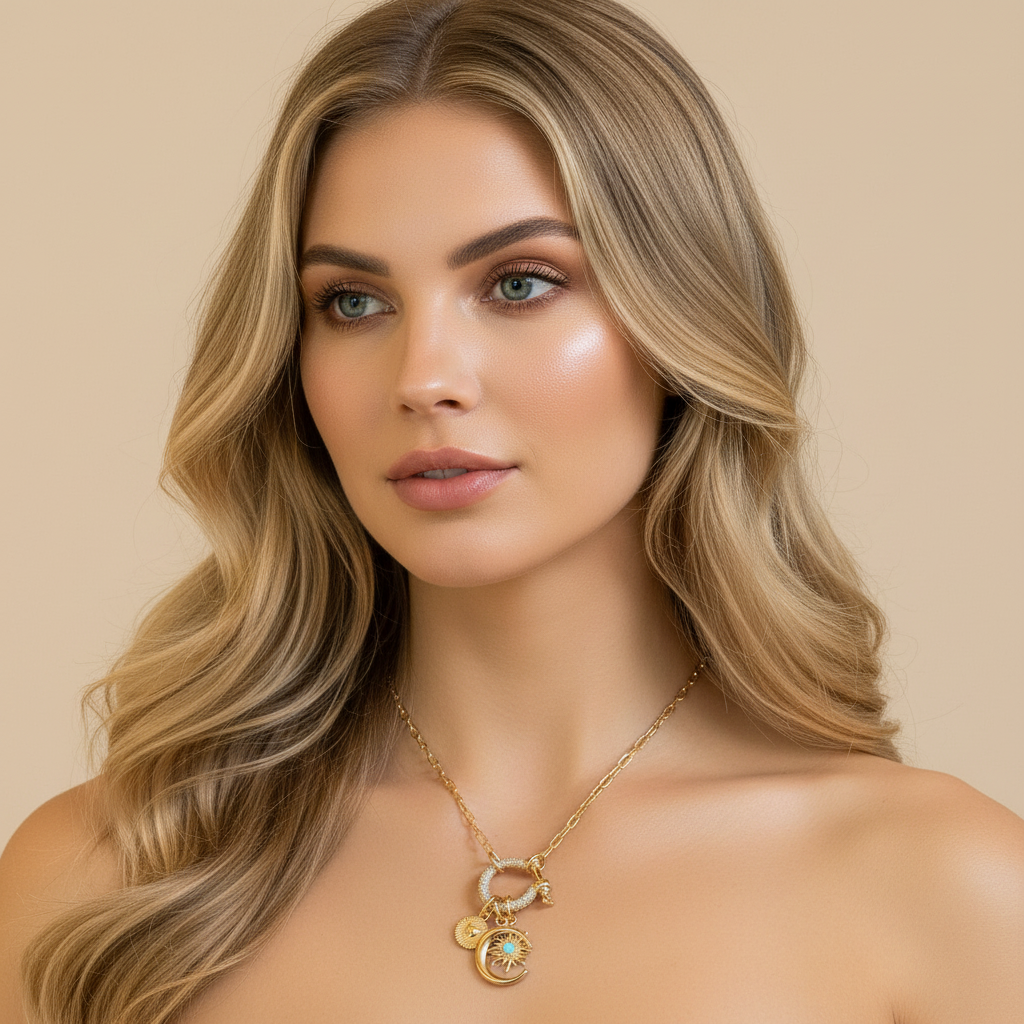 Opal Sun, Crescent Moon and Heart Carabiner Necklace, Gold - 20 inch