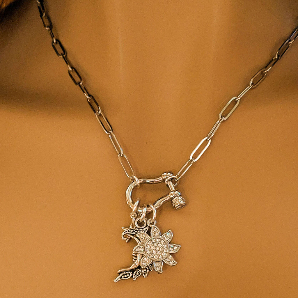 Celestial Moon Face, CZ Sun and Star Carabiner Necklace, Silver - 20 inch