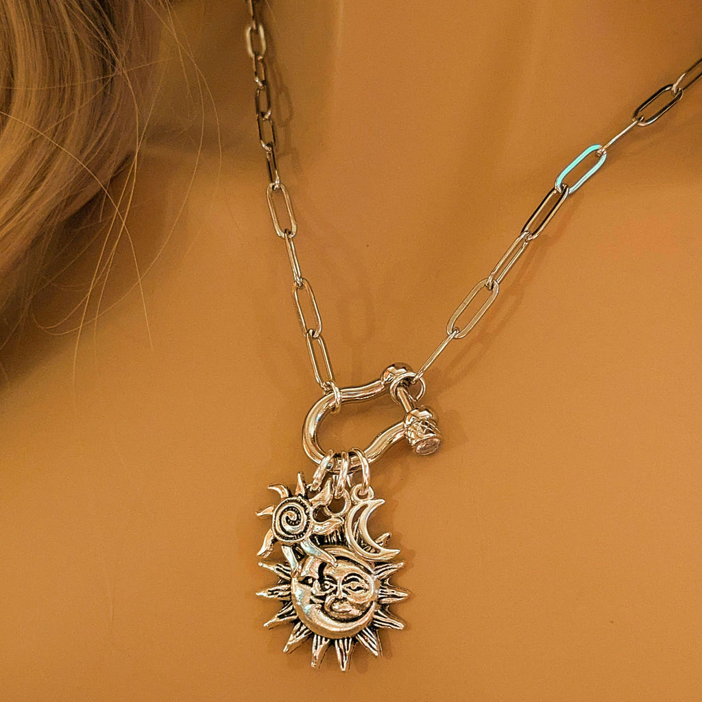 Sun/Moon, Crescent Moon and Swirly Sun Carabiner Necklace, Silver - 20 inch