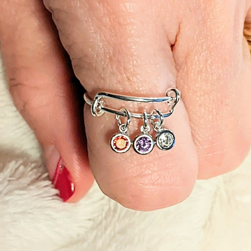 Mother's Birthstone Charm Ring, Adjustable .925 Sterling Silver