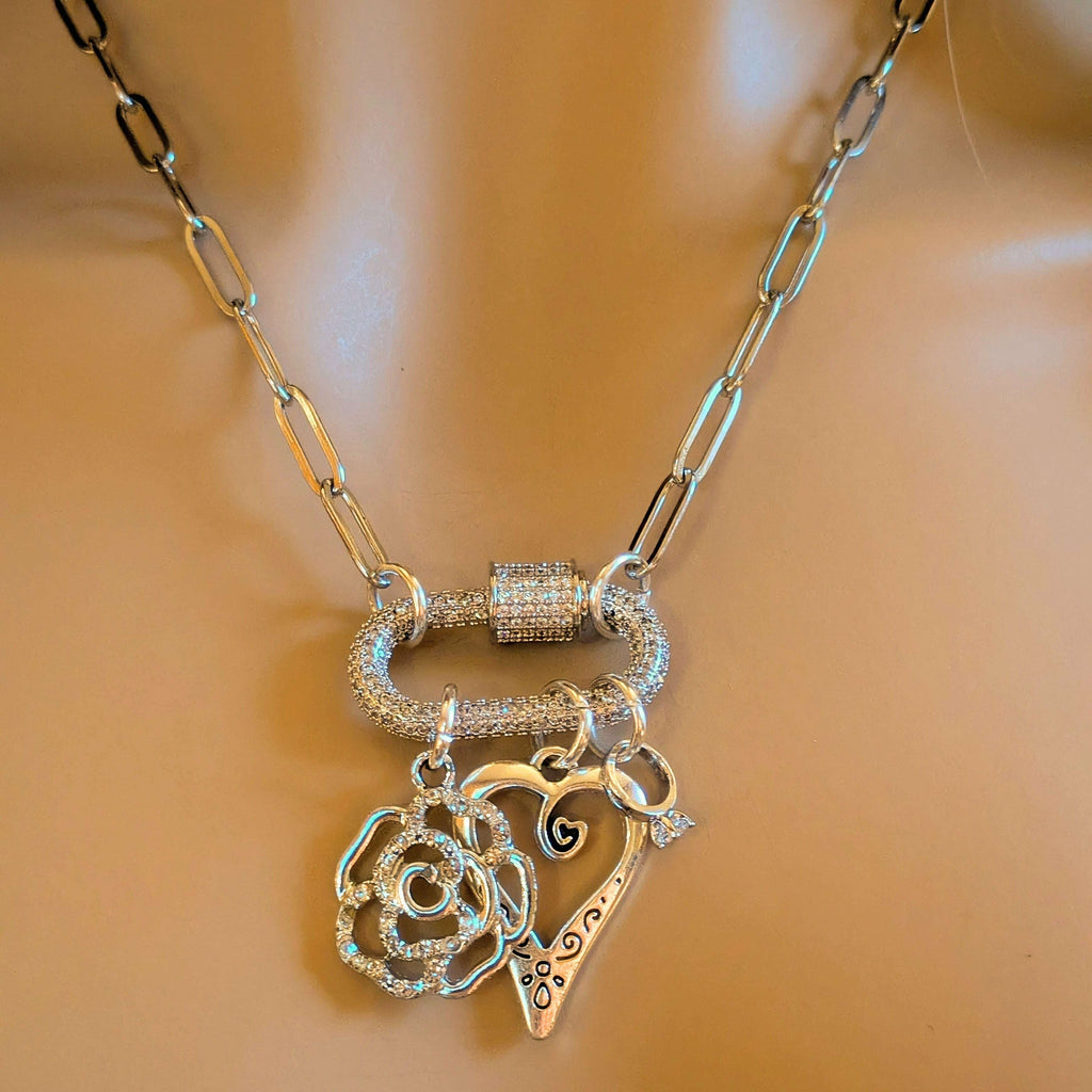 Romantic Rose, Heart, Diamond Ring Carabiner Necklace, Silver - 20 inch