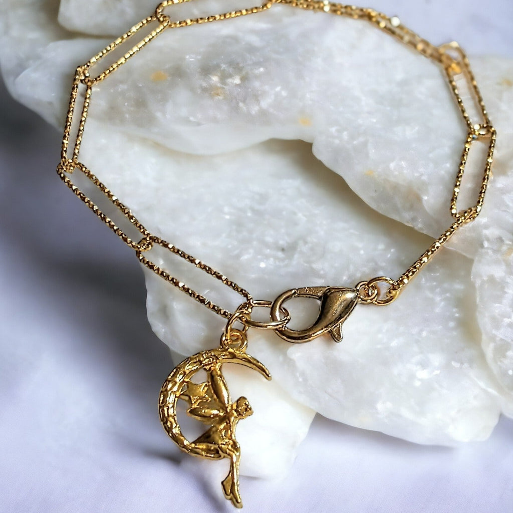 Gold Fairy-Moon Paperclip Chain Bracelet