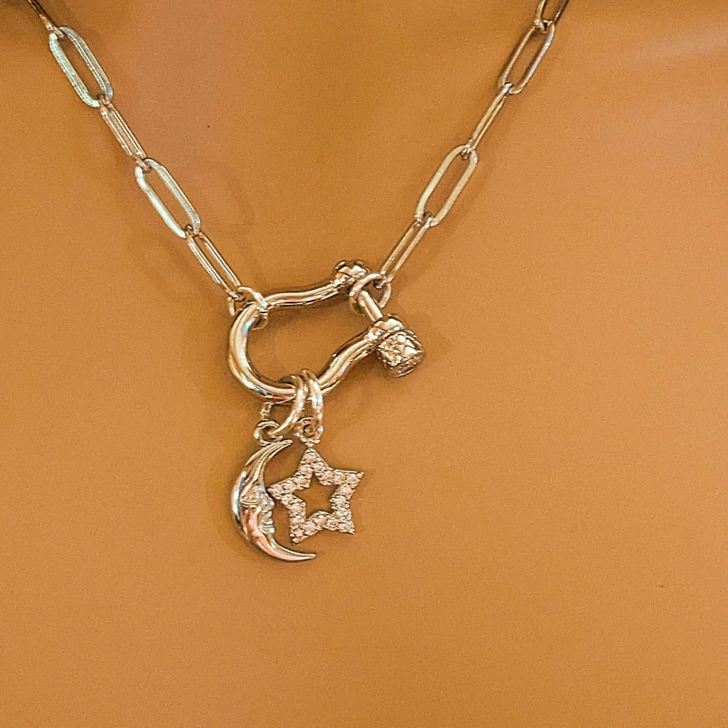 Celestial Moon CZ Star Carabiner Necklace, Silver - 20 inch