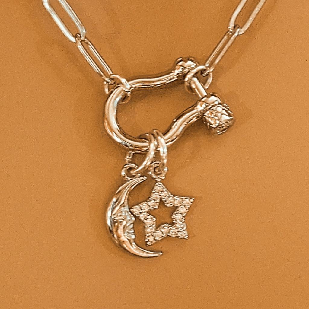 Celestial Moon CZ Star Carabiner Necklace, Silver - 20 inch