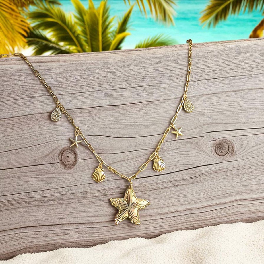 Beach Vibes Multi Charm Link Necklace, Gold- 20 inch