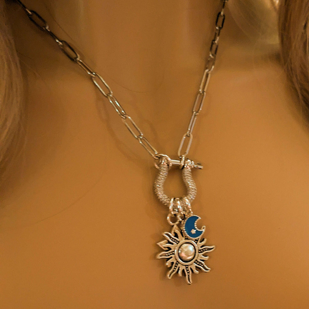 Fiery Sun, Blue Moon and Star Carabiner Necklace, Silver - 20 inch