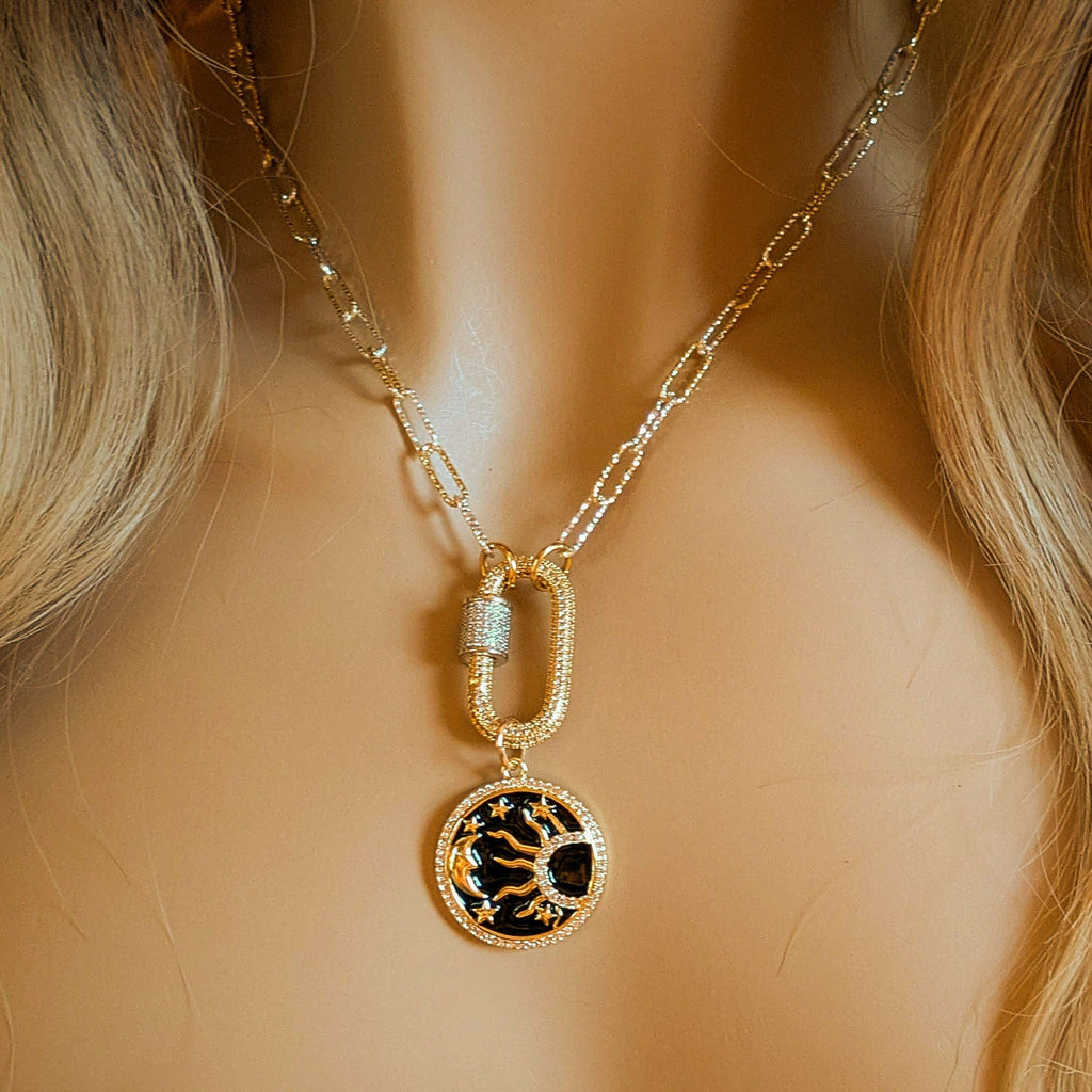 Black Enamel Celestial Pendant Carabiner Necklace, Gold/Silver - 20 inch