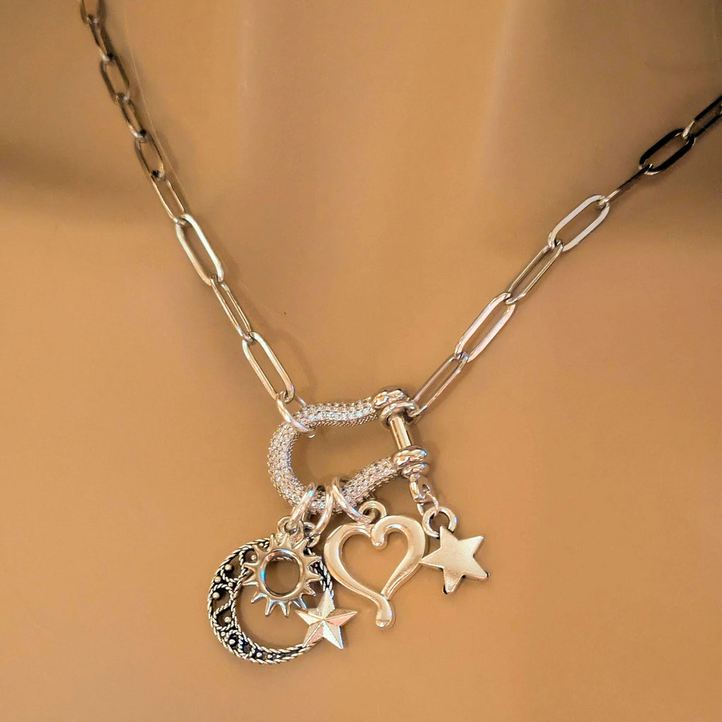 Celestial Crescent Moon and Heart Carabiner Necklace, Silver - 20 inch