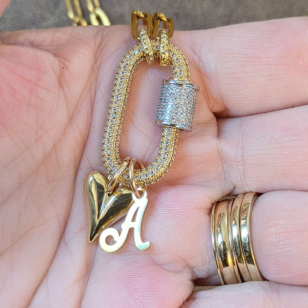 Gold Initial Heart Carabiner Necklace - 20 inch