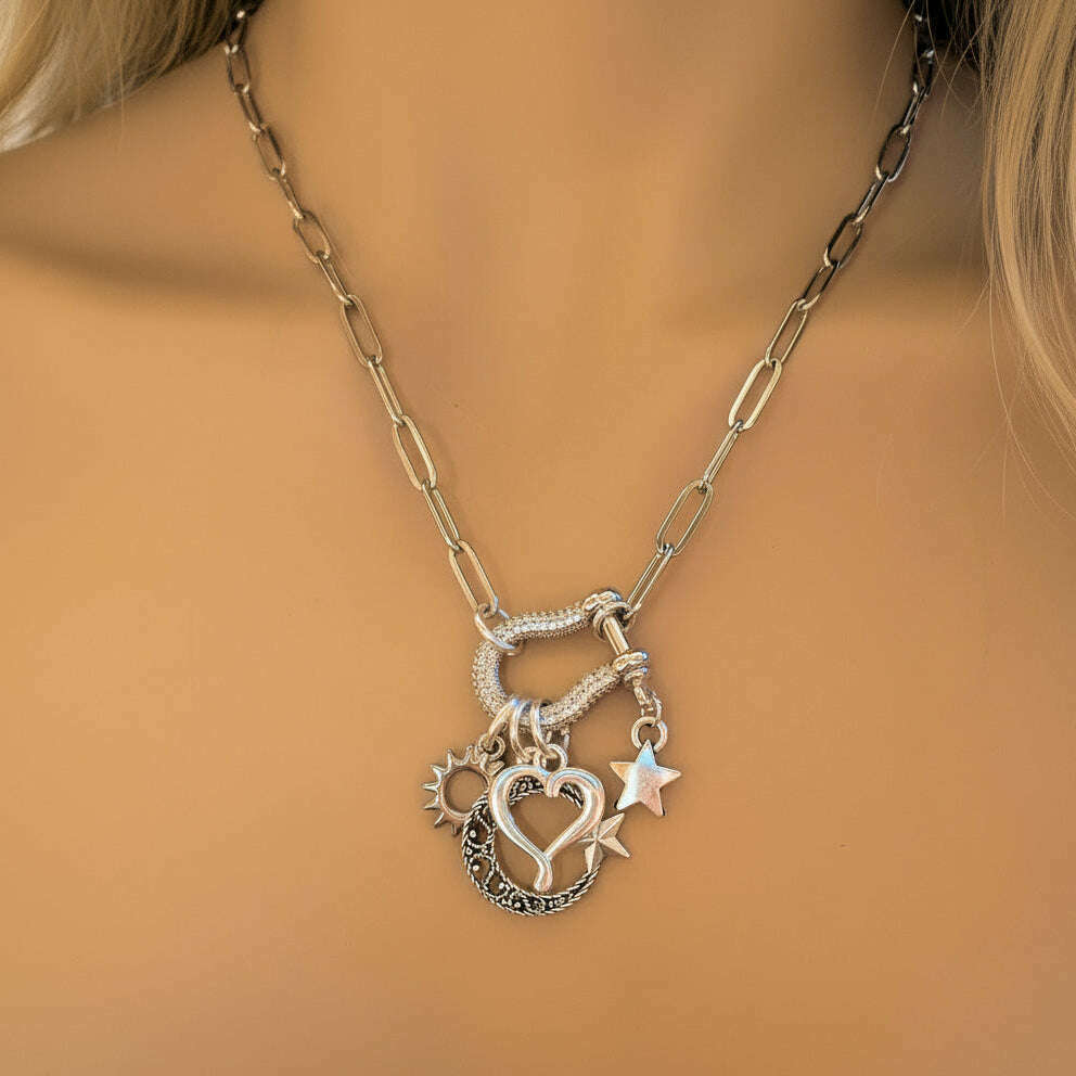 Celestial Crescent Moon and Heart Carabiner Necklace, Silver - 20 inch