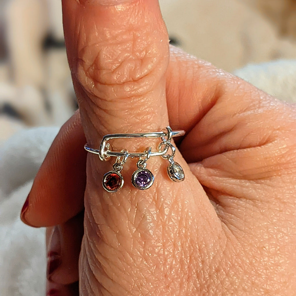 Mother's Birthstone Charm Ring, Adjustable .925 Sterling Silver