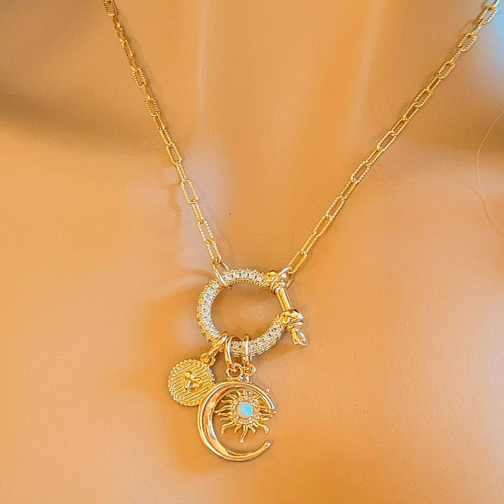 Opal Sun, Crescent Moon and Heart Carabiner Necklace, Gold - 20 inch