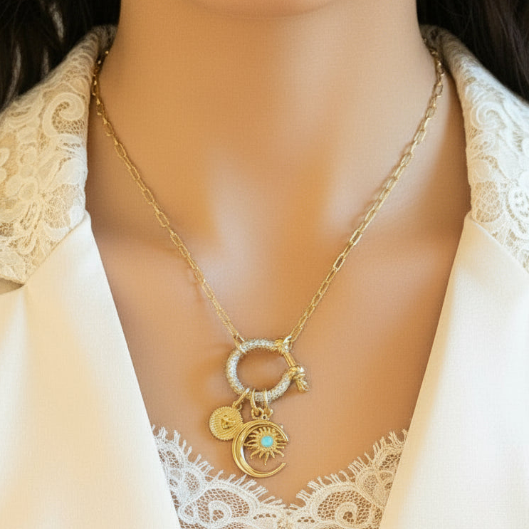 Opal Sun, Crescent Moon and Heart Carabiner Necklace, Gold - 20 inch