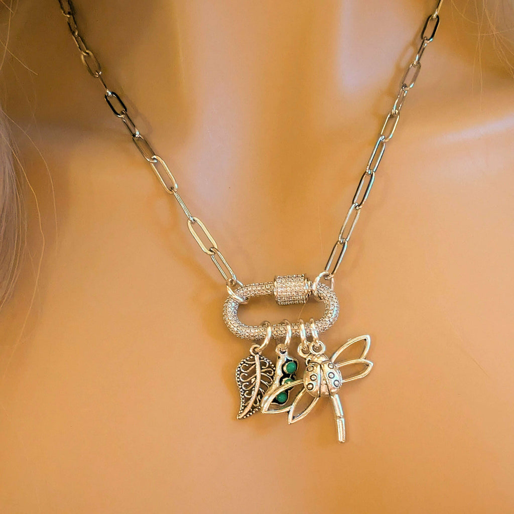 Large Dragonfly, Garden Friends Carabiner Necklace, Silver - 20 inch