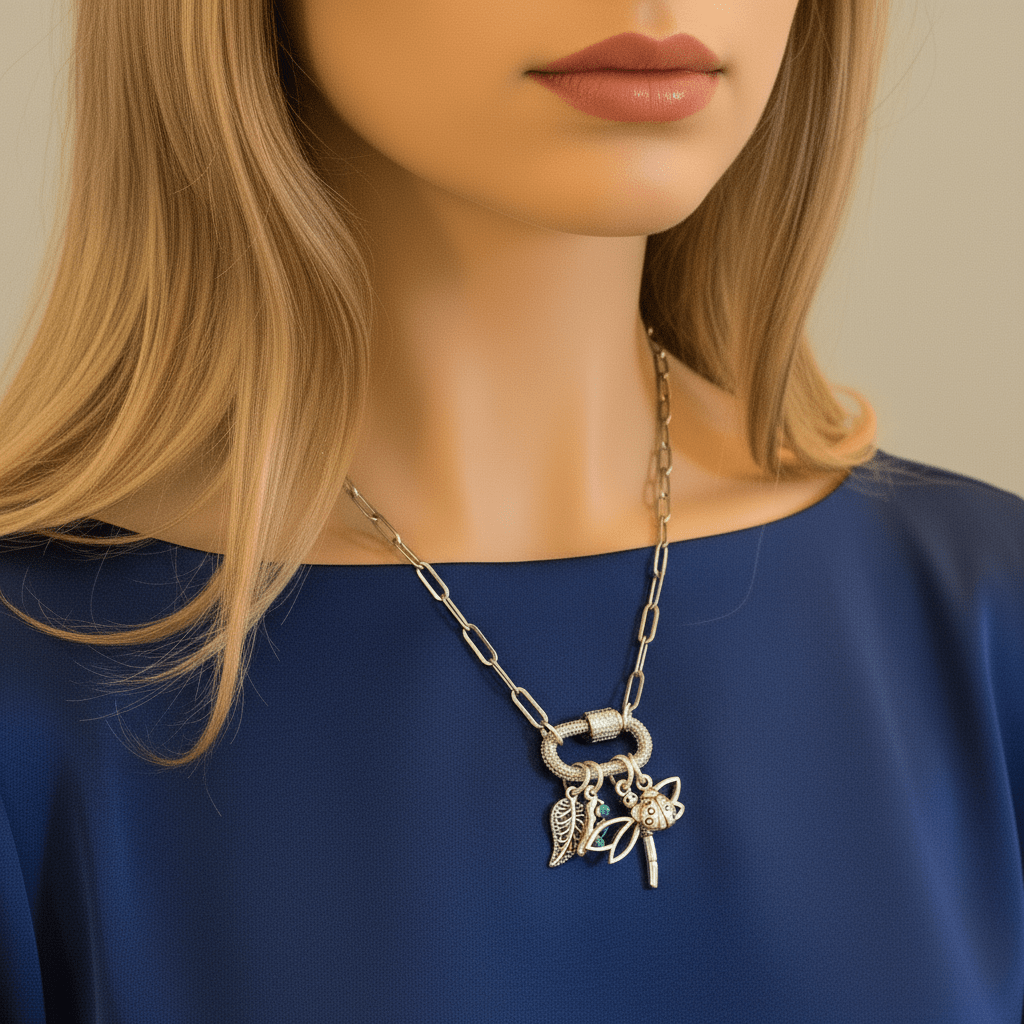 Large Dragonfly, Garden Friends Carabiner Necklace, Silver - 20 inch