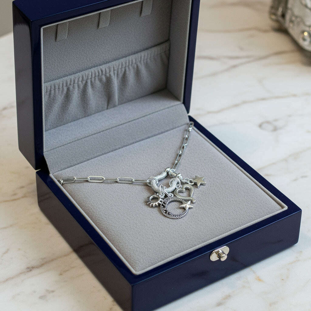 Celestial Crescent Moon and Heart Carabiner Necklace, Silver - 20 inch