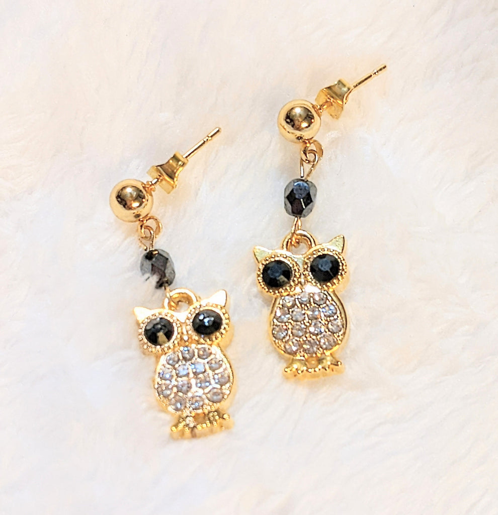 CZ Owl Charm Drop Stud Earrings-Gold