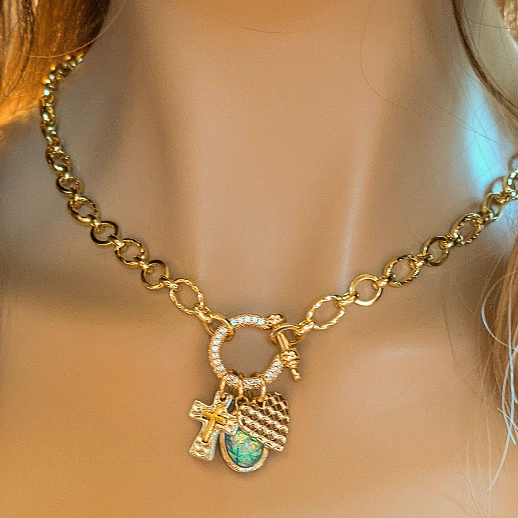 Two Tone Cross, Faux Opal and Heart Carabiner Necklace, Gold - 20 inch