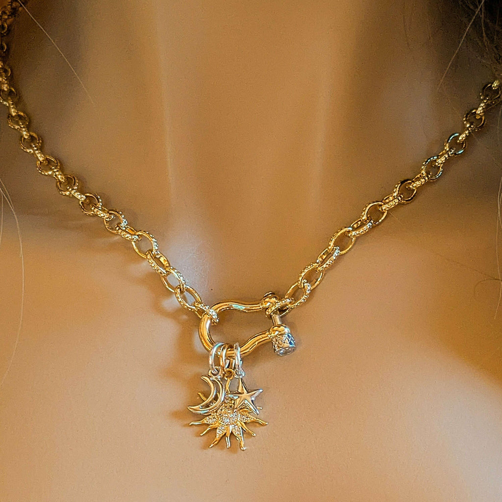 Gold CZ Sun and Silver Moon and Star Carabiner Necklace, Gold - 20 inch