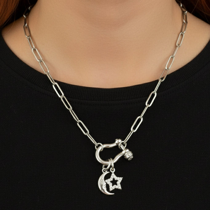 Celestial Moon CZ Star Carabiner Necklace, Silver - 20 inch