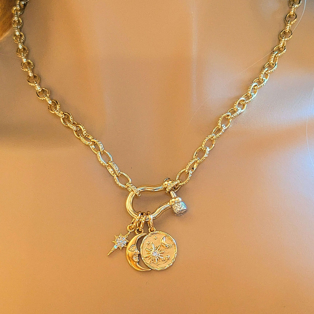Crescent Moon and Star Carabiner Necklace, Gold - 20 inch
