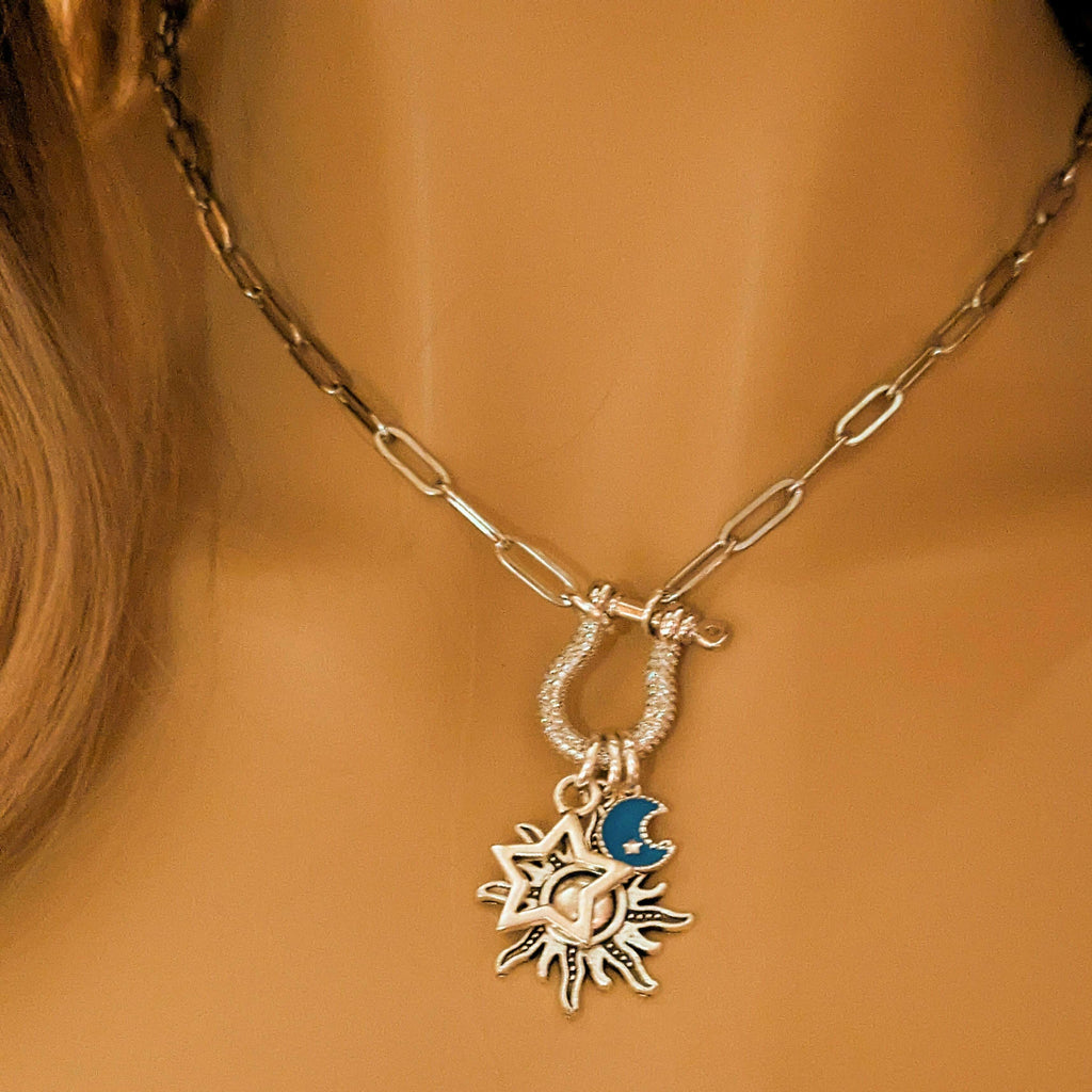 Fiery Sun, Blue Moon and Star Carabiner Necklace, Silver - 20 inch