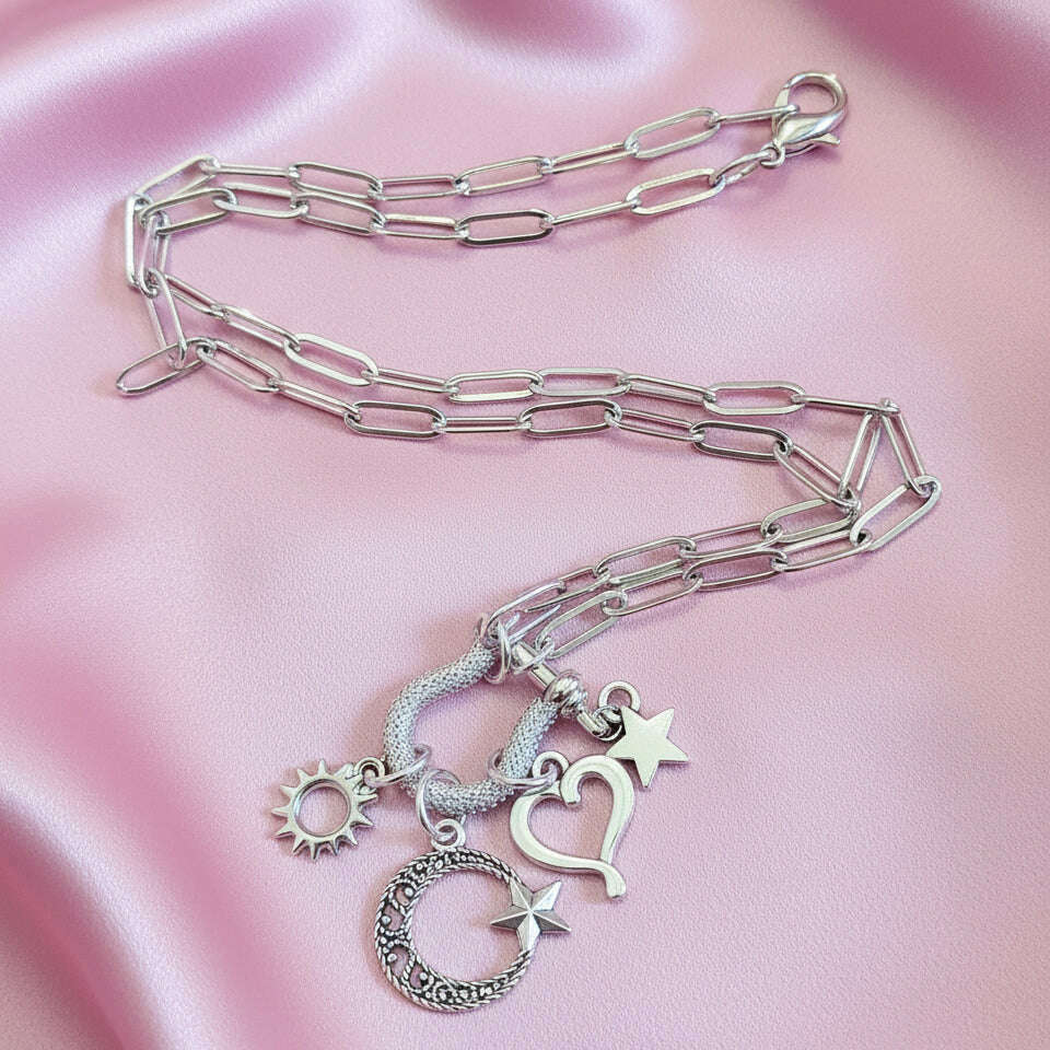 Celestial Crescent Moon and Heart Carabiner Necklace, Silver - 20 inch