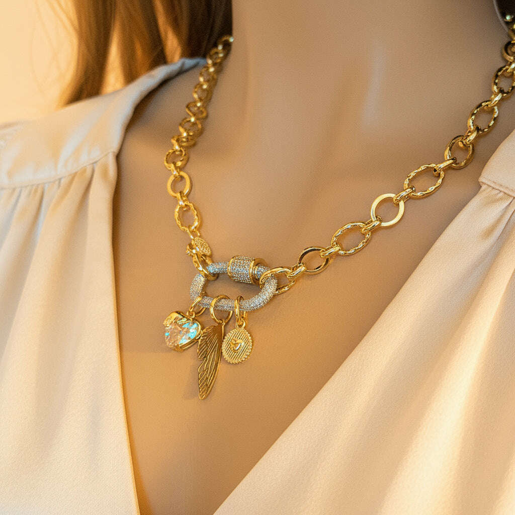 Dragonfly/Fairy Wing, Heart Carabiner Necklace, Gold - 20 inch