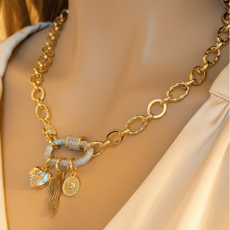 Dragonfly/Fairy Wing, Heart Carabiner Necklace, Gold - 20 inch