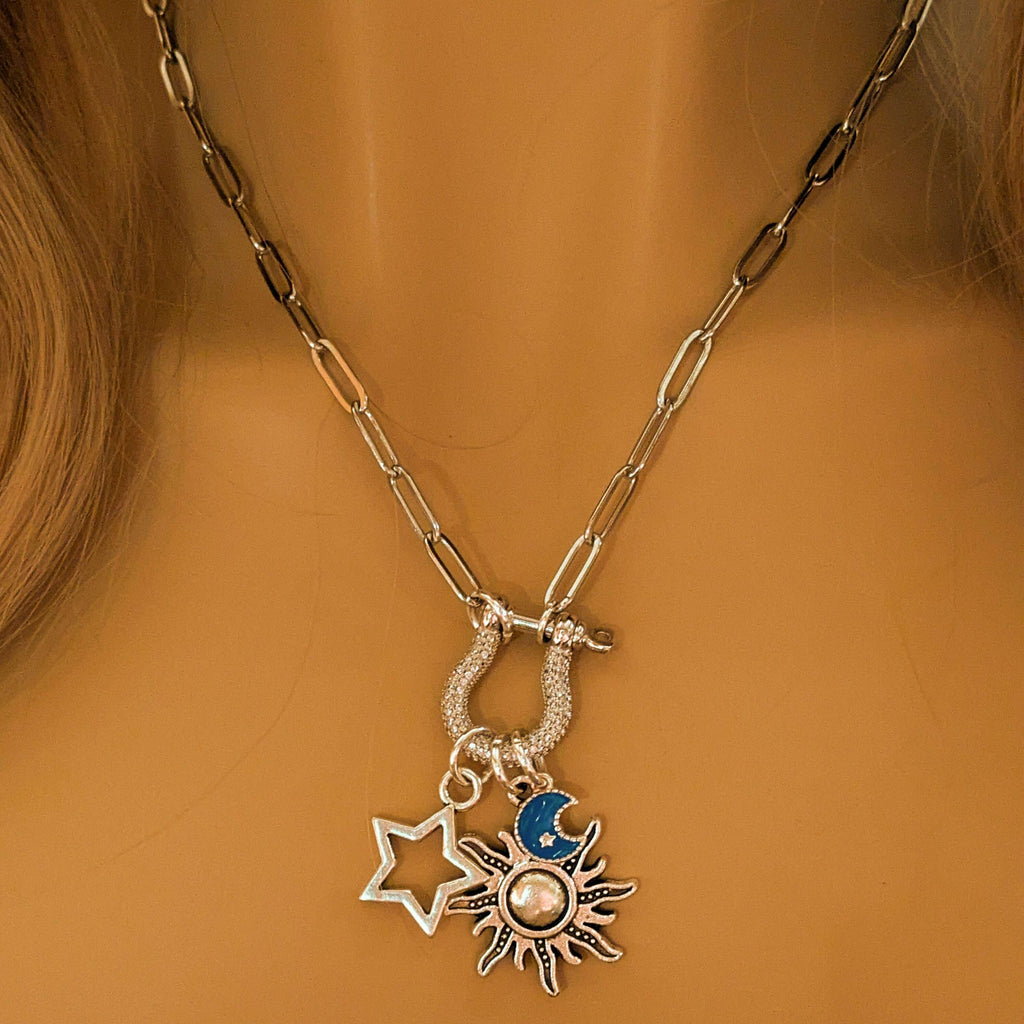Fiery Sun, Blue Moon and Star Carabiner Necklace, Silver - 20 inch