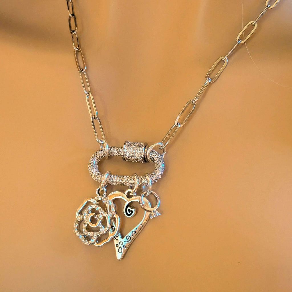 Romantic Rose, Heart, Diamond Ring Carabiner Necklace, Silver - 20 inch