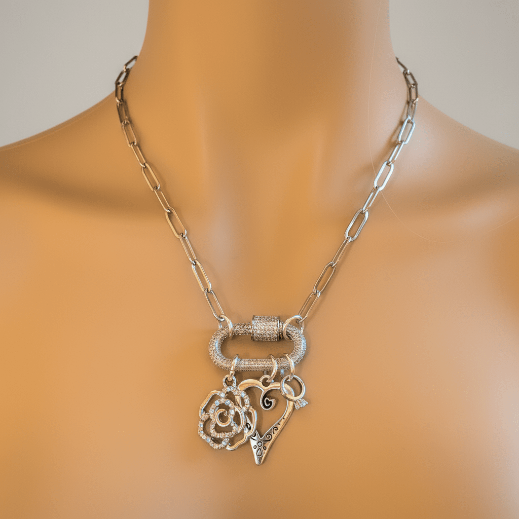 Romantic Rose, Heart, Diamond Ring Carabiner Necklace, Silver - 20 inch