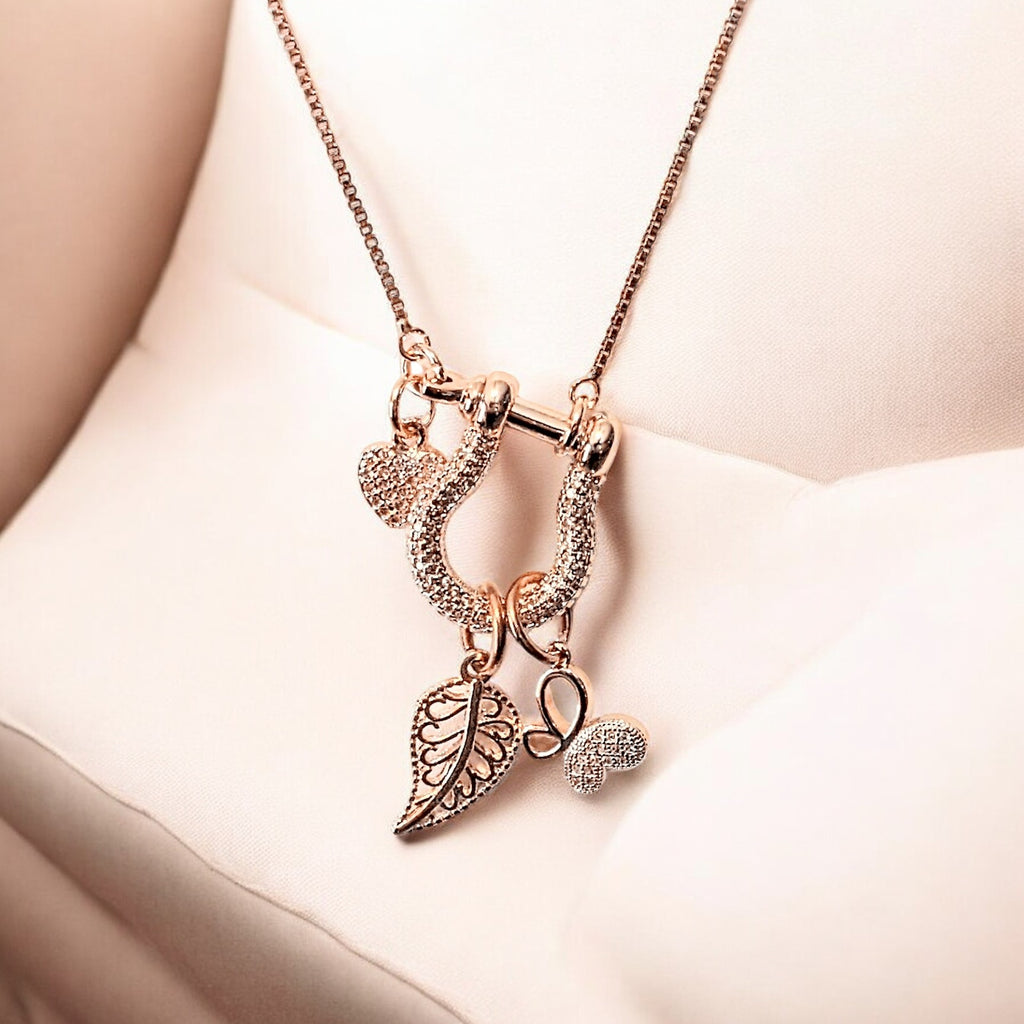 Rose-Gold Leaf Butterfly Charm Necklace, adjustable up to 24 inches