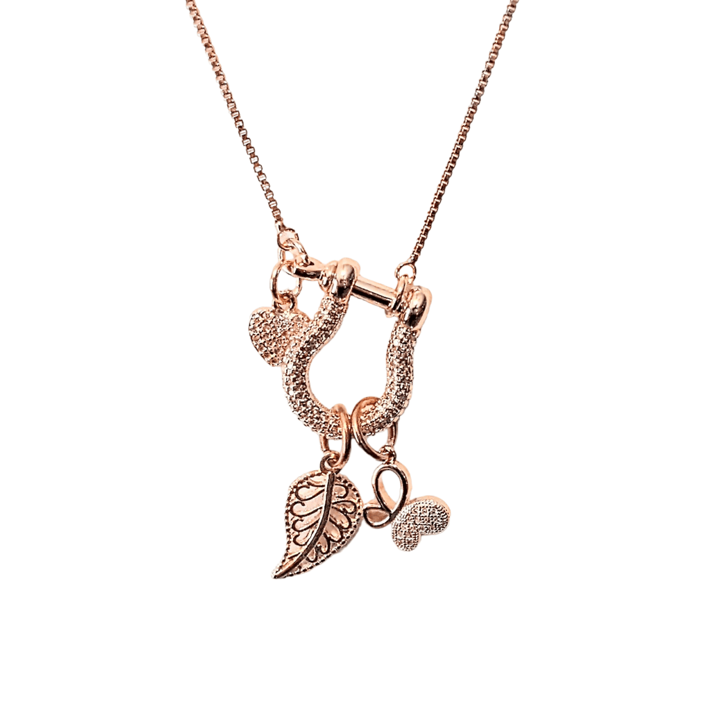 Rose-Gold Leaf Butterfly Charm Necklace, adjustable up to 24 inches