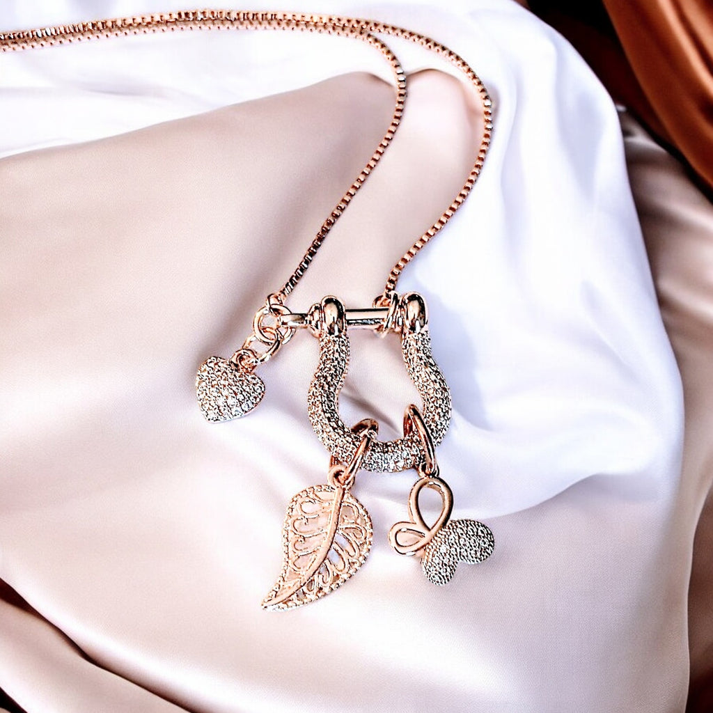 Rose-Gold Leaf Butterfly Charm Necklace, adjustable up to 24 inches